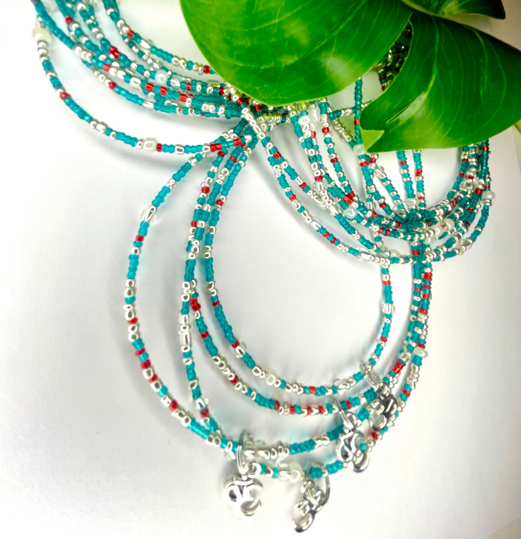 Turquoise Red Seadbead Waistbeads with Silver OM Charm on Wire
