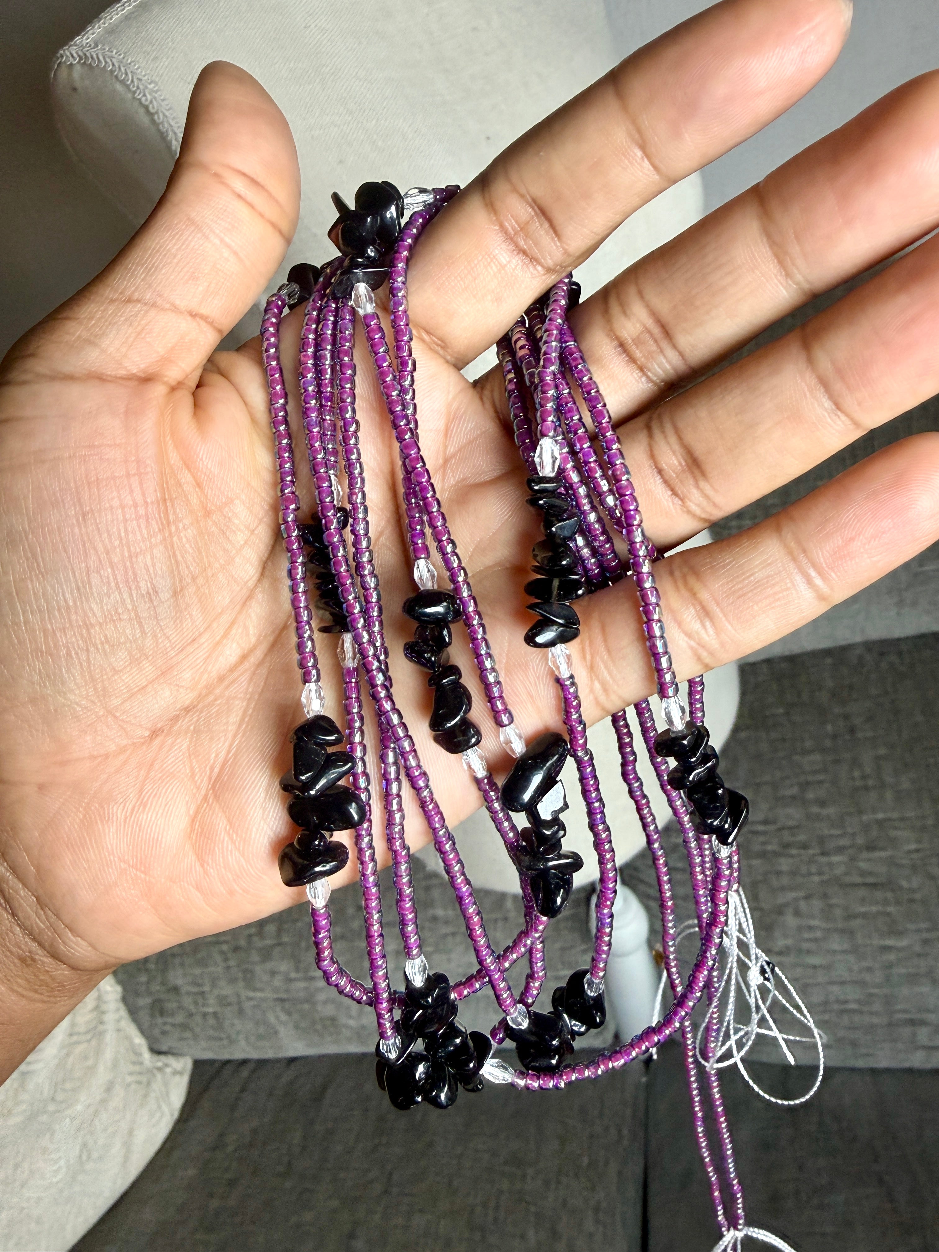 Purple Seadbead Waistbeads with Black Onyx Crystals