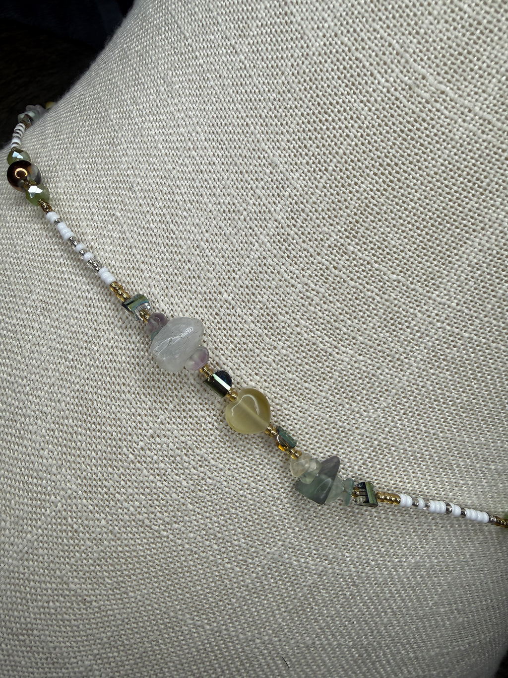 Multicolor Seadbead Waistbeads with Heart Crystals Accent Beads and Fluorite on Wire