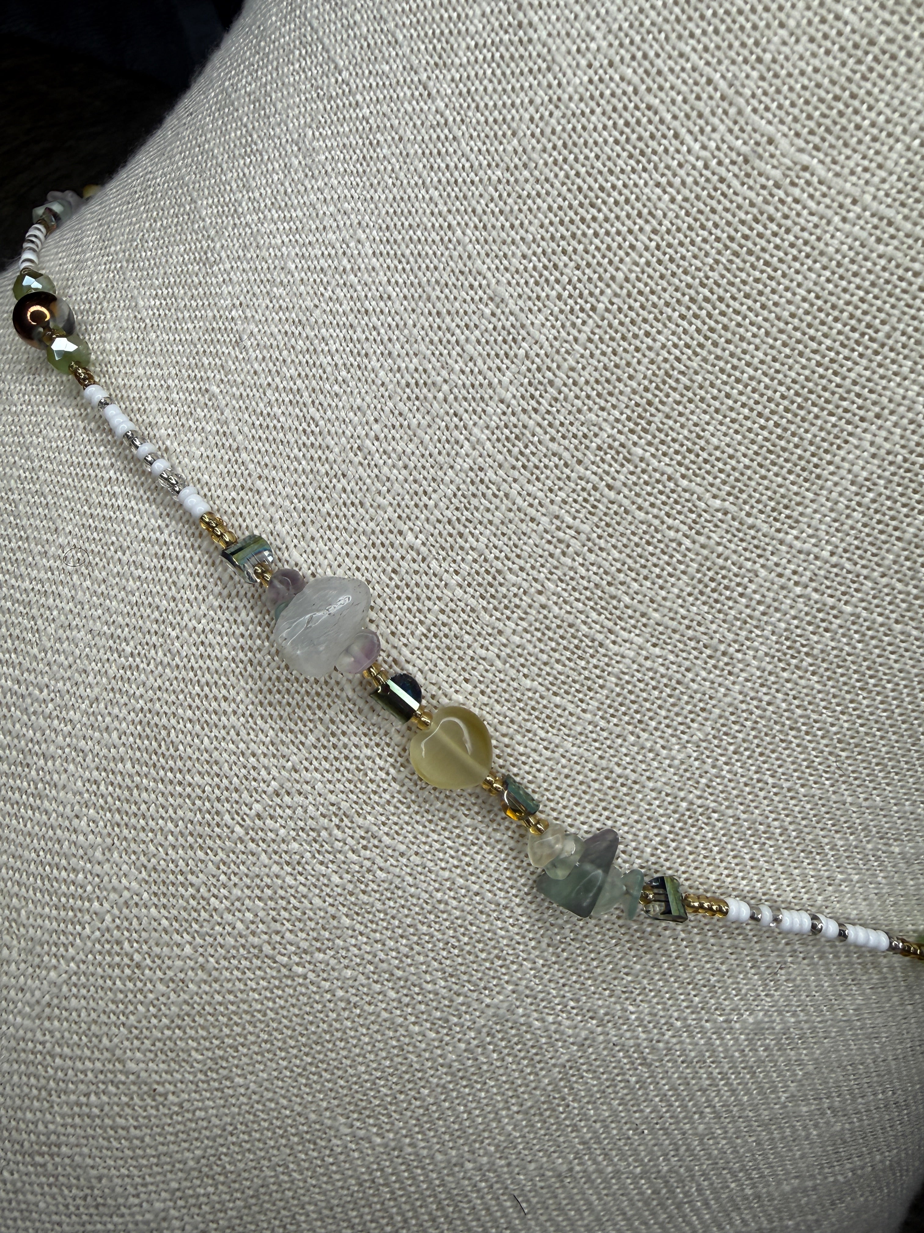 Multicolor Seadbead Waistbeads with Heart Crystals Accent Beads and Fluorite on Wire