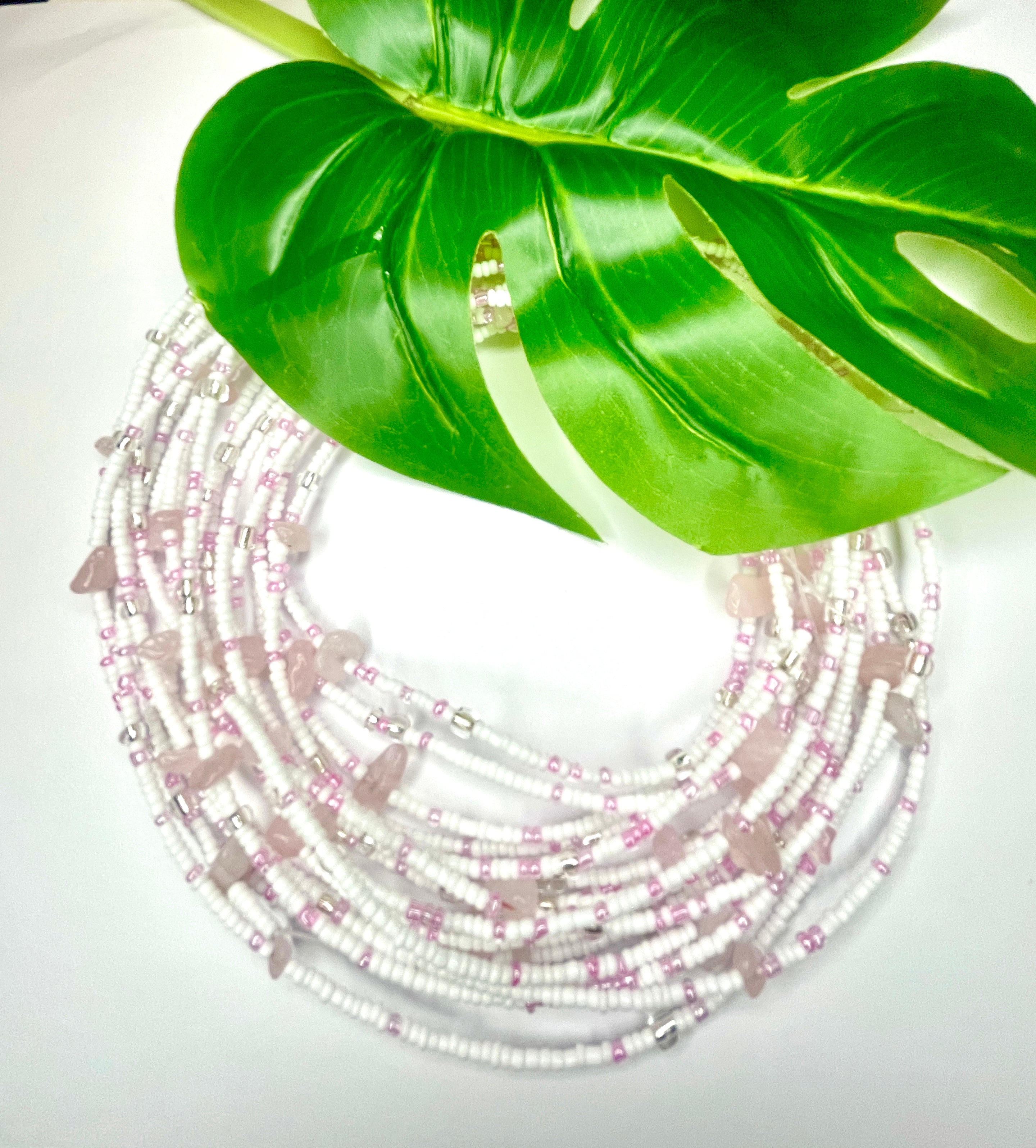 White Pink Clear Seadbead Waistbeads with Rose Quartz for Love on Wire