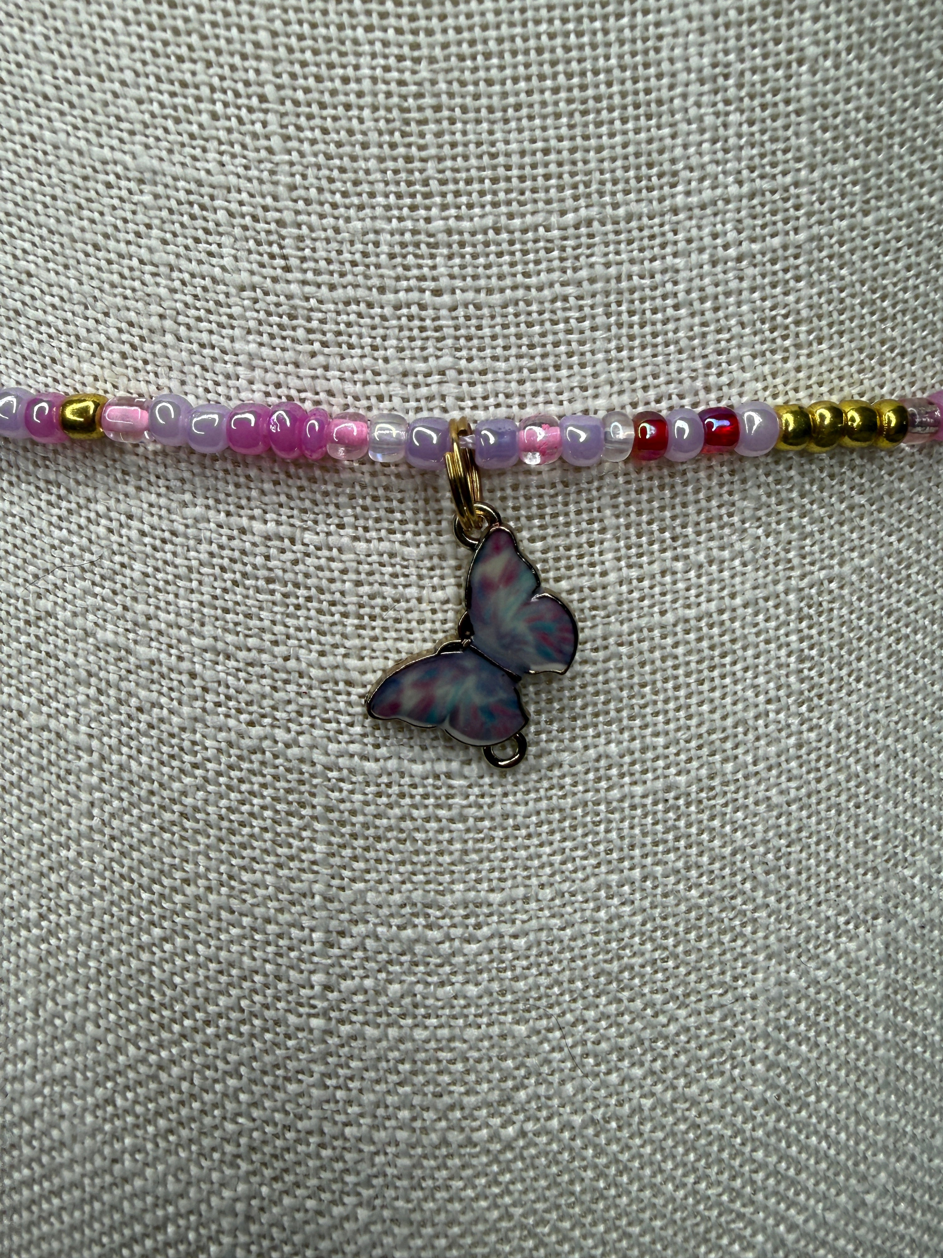 Pink Purple Gold Seadbead Waistbeads with Butterfly Charm
