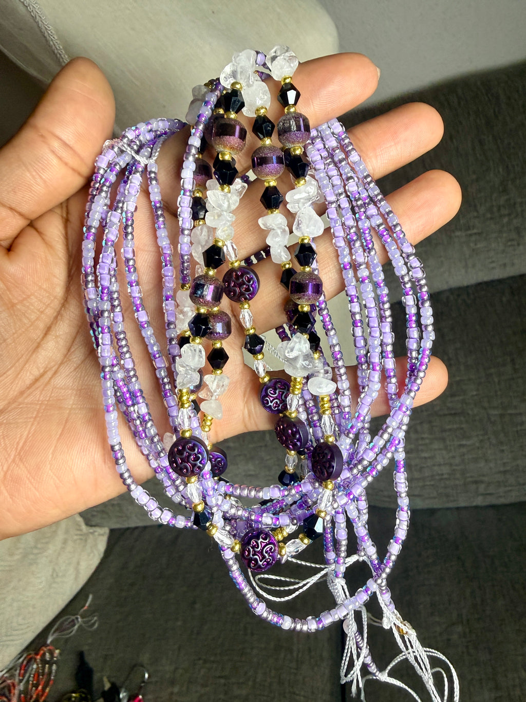 Purple Seadbead Waistbeads with Authentic Clear Quartz Crystals