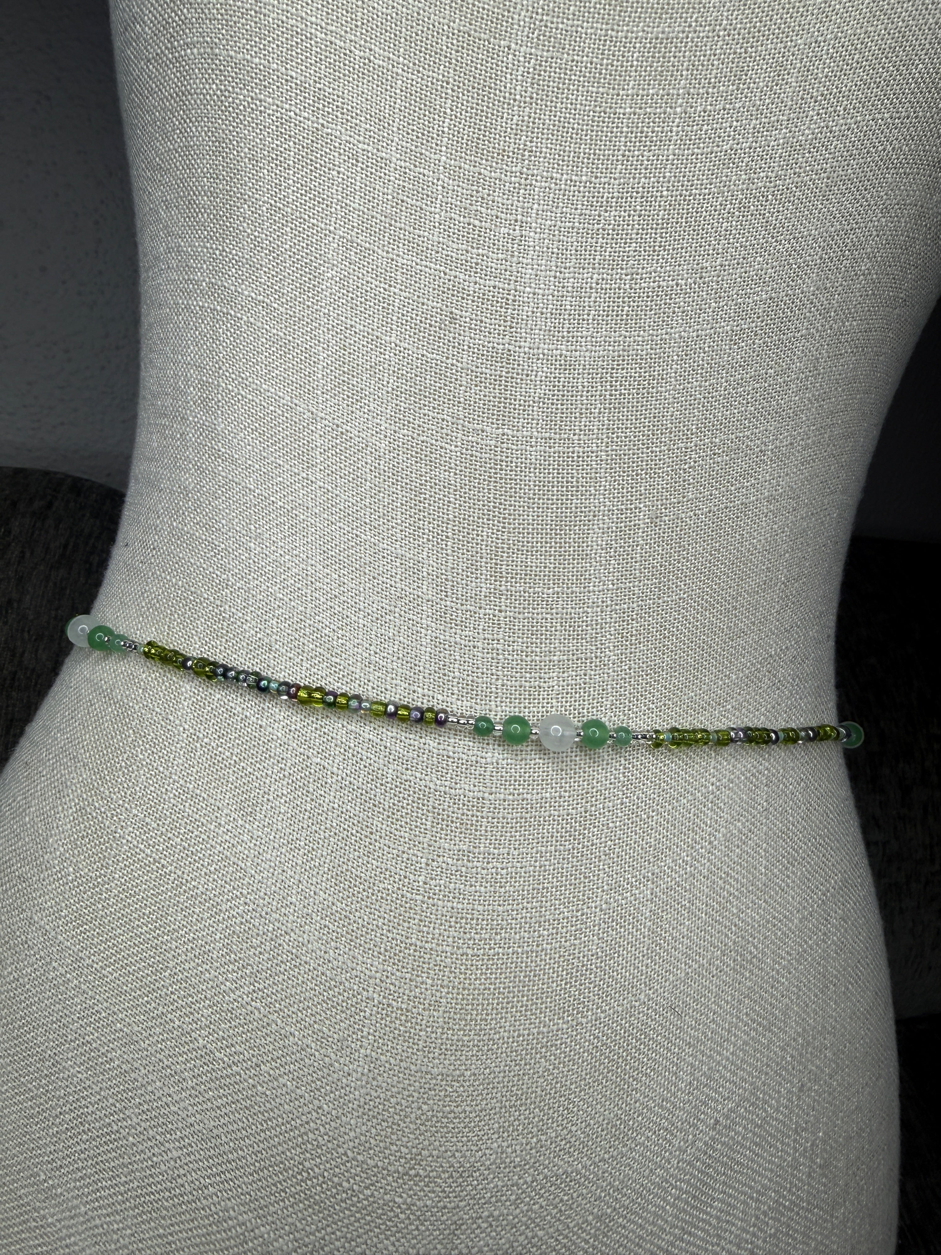 Green Clear Seadbead Waistbeads with Authentic Green Aventurine Crystals and Glow in the Dark Round Beads