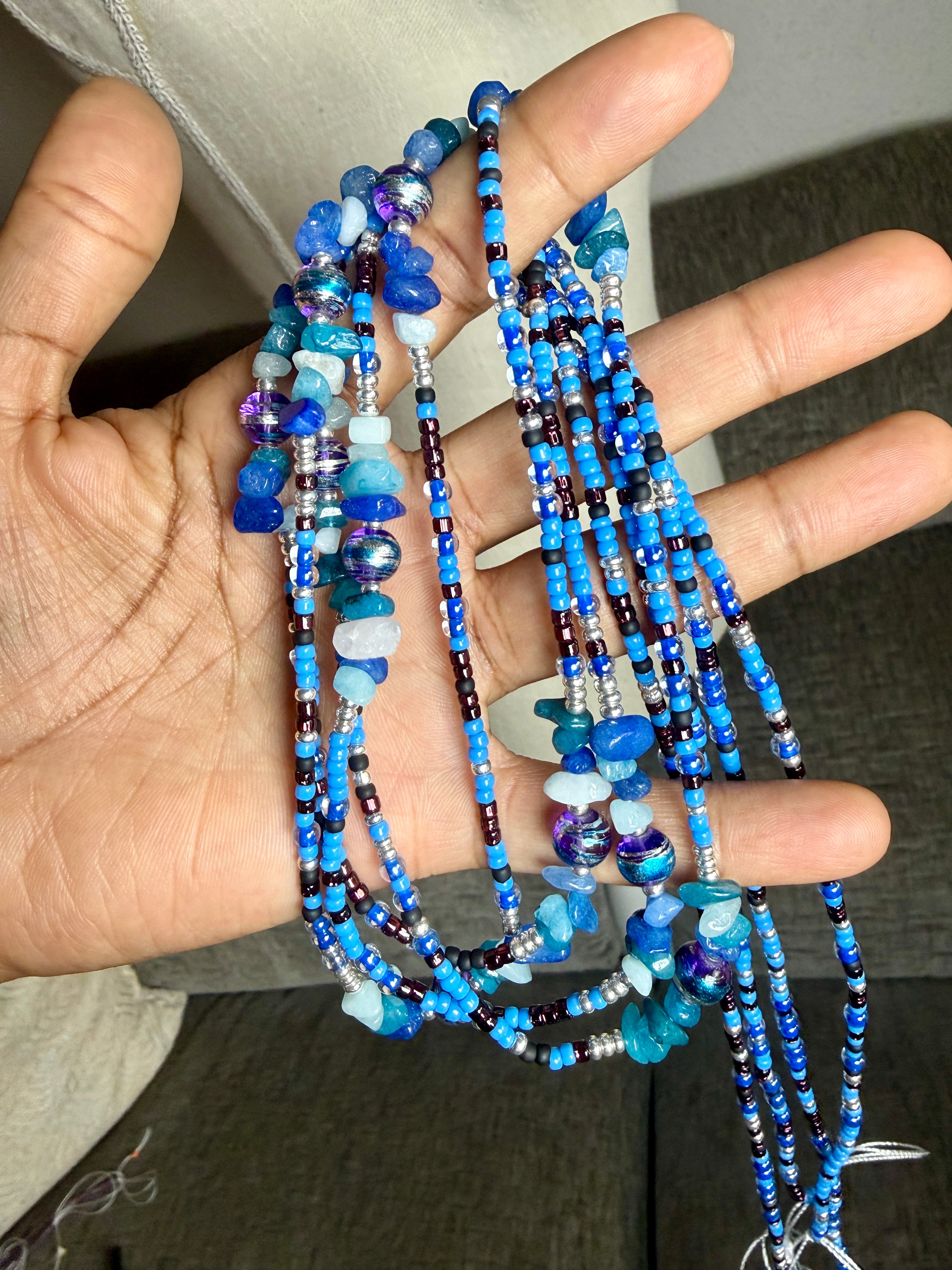 Blue Purple Black Silver Seadbead Waistbeads with Dyed Quartz Crystals