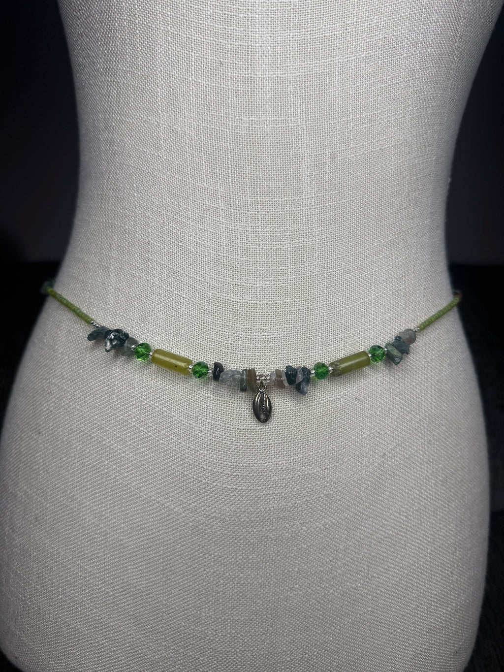 Matte Green Clear Seadbead Waistbeads with Authentic Crystals and Silver Shell Charm