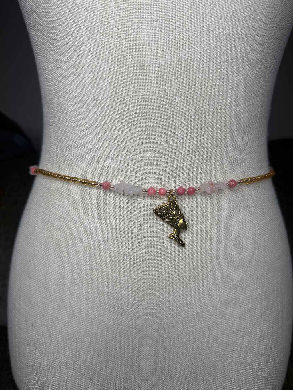Gold Seadbead Waistbeads with Nefertiti Goddess Charm and Rose Quartz Crystals with Natural Shell Beads