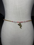 Gold Seadbead Waistbeads with Nefertiti Goddess Charm and Rose Quartz Crystals with Natural Shell Beads