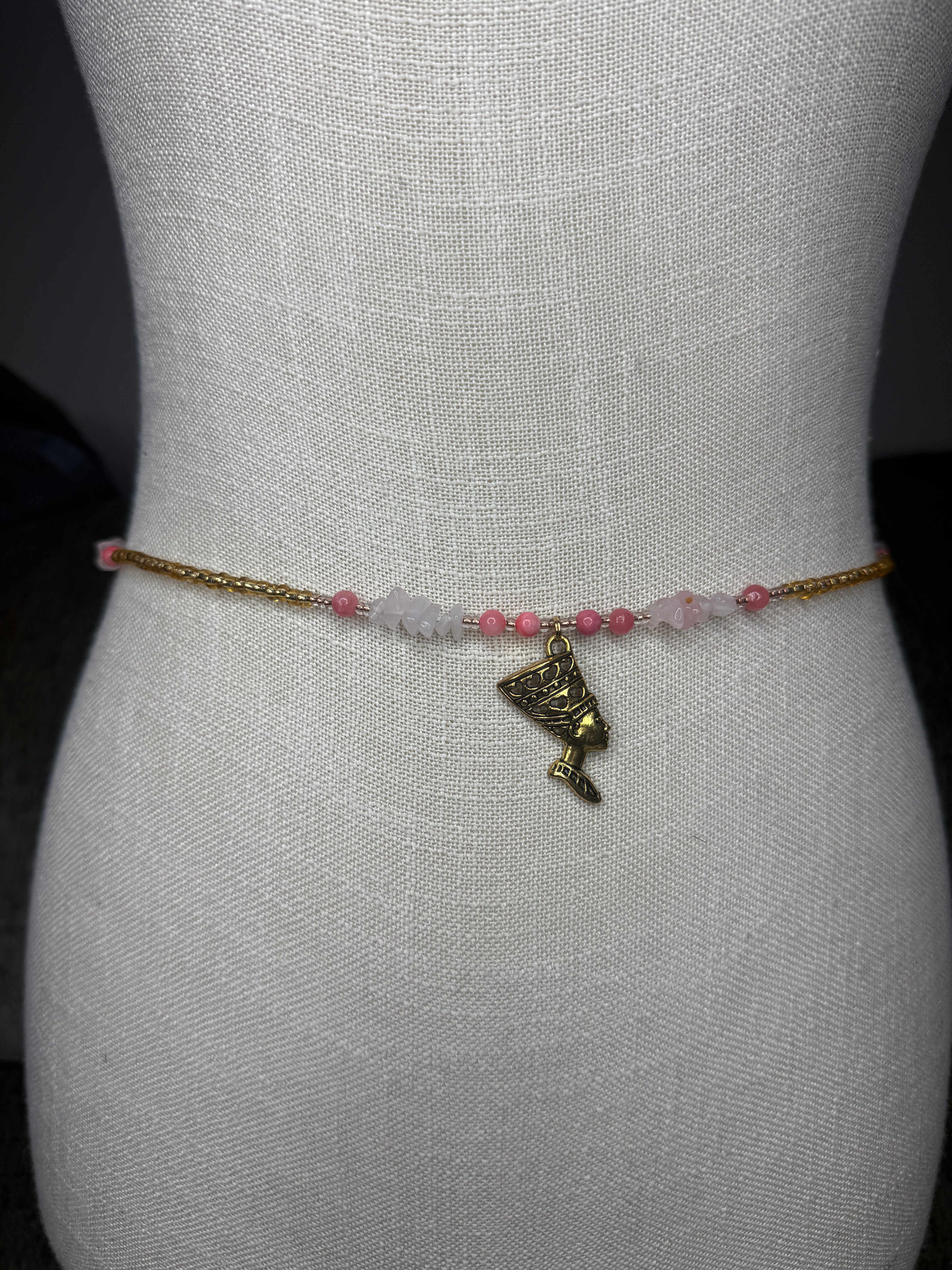 Gold Seadbead Waistbeads with Nefertiti Goddess Charm and Rose Quartz Crystals with Natural Shell Beads