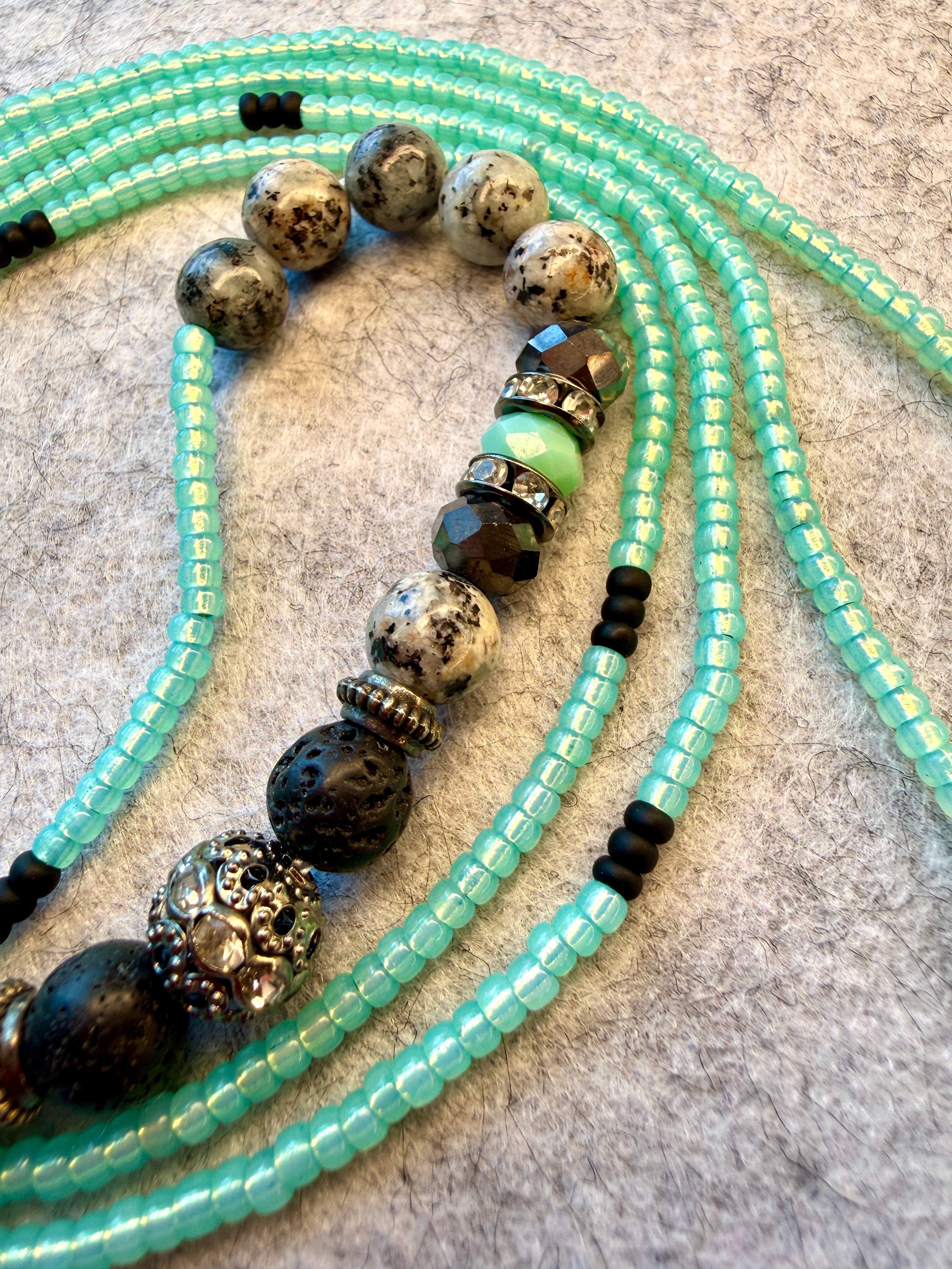 Turquoise Black Gray Waistbeads with Stone and Lava Stone