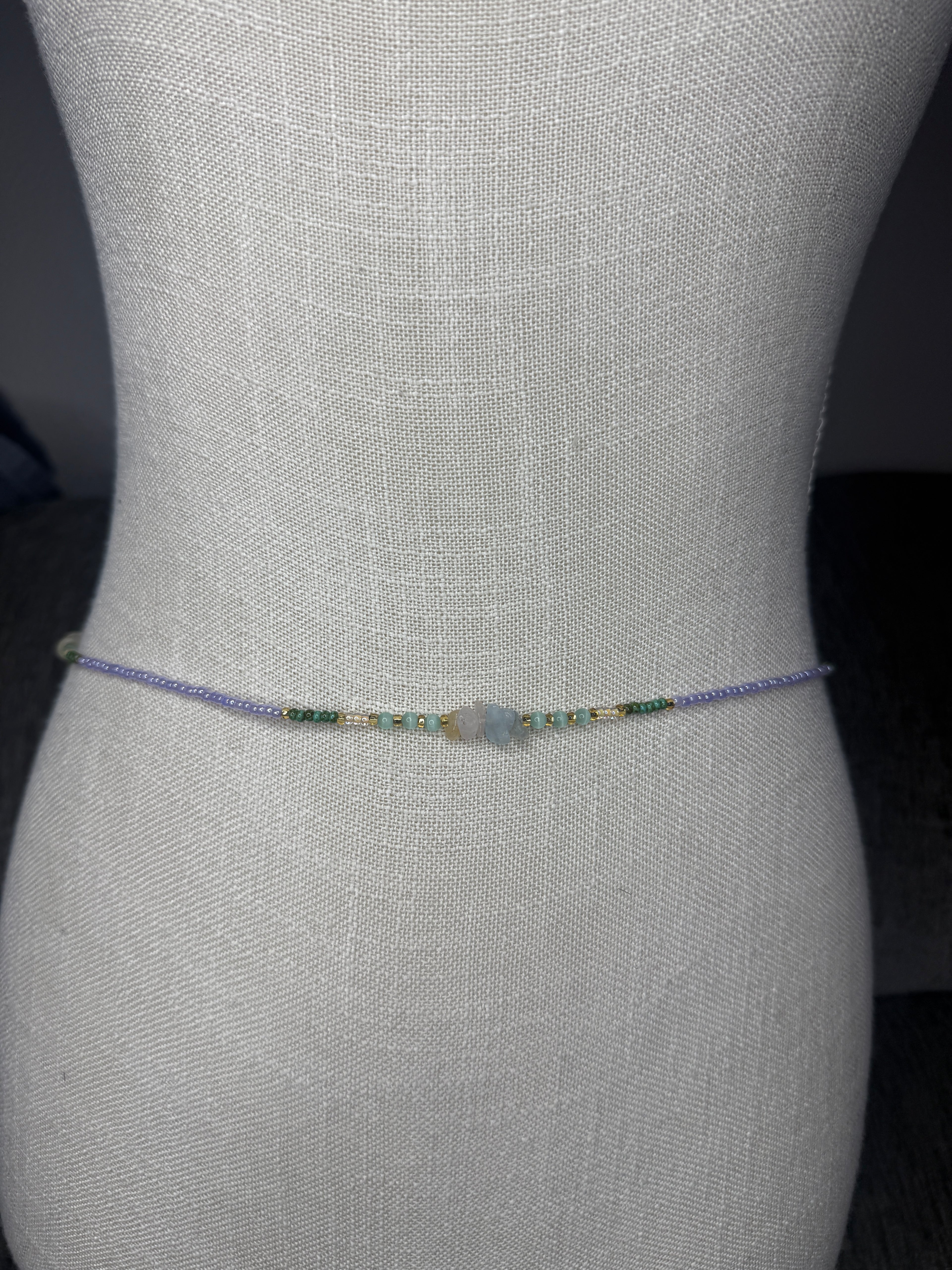 Purple Green Seadbead Waistbeads with Morganite Crystals on Wire