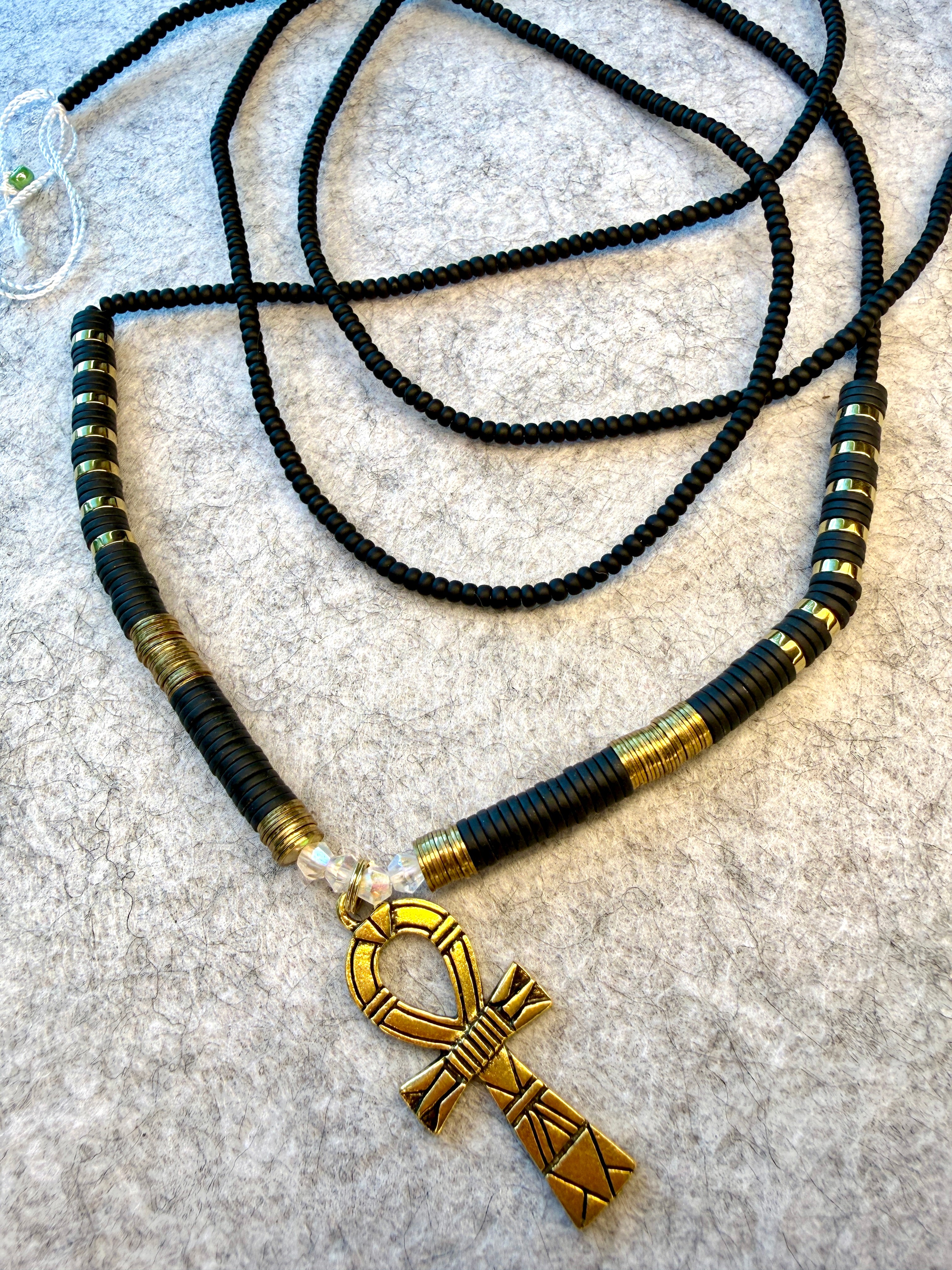 Black Gold Disk Waistbeads with Ankh Charm