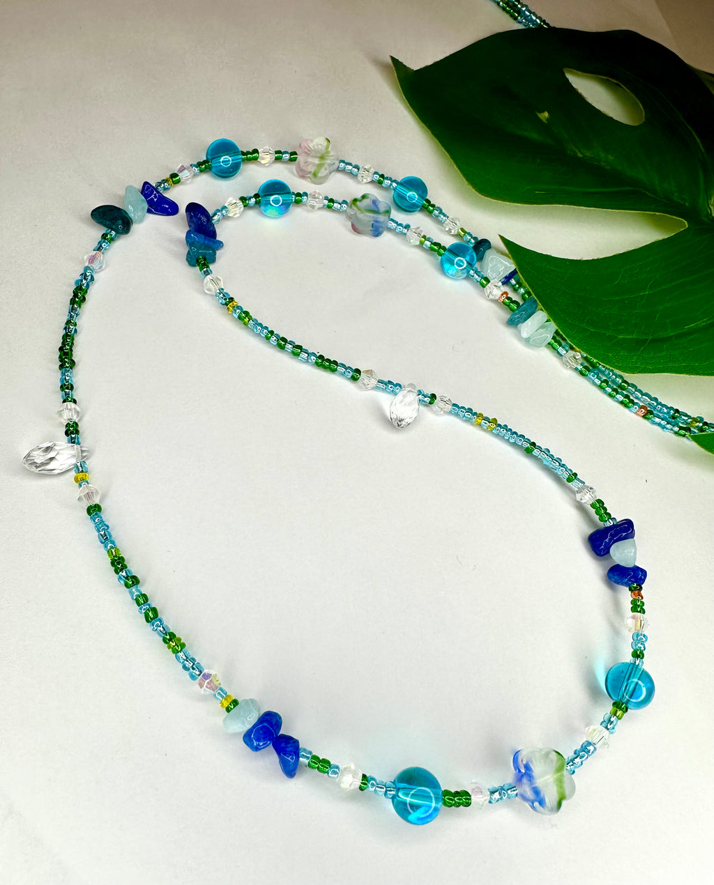 Multicolor Seadbead Waistbeads with Flower Accent Beads and Quartz Crystals on Wire