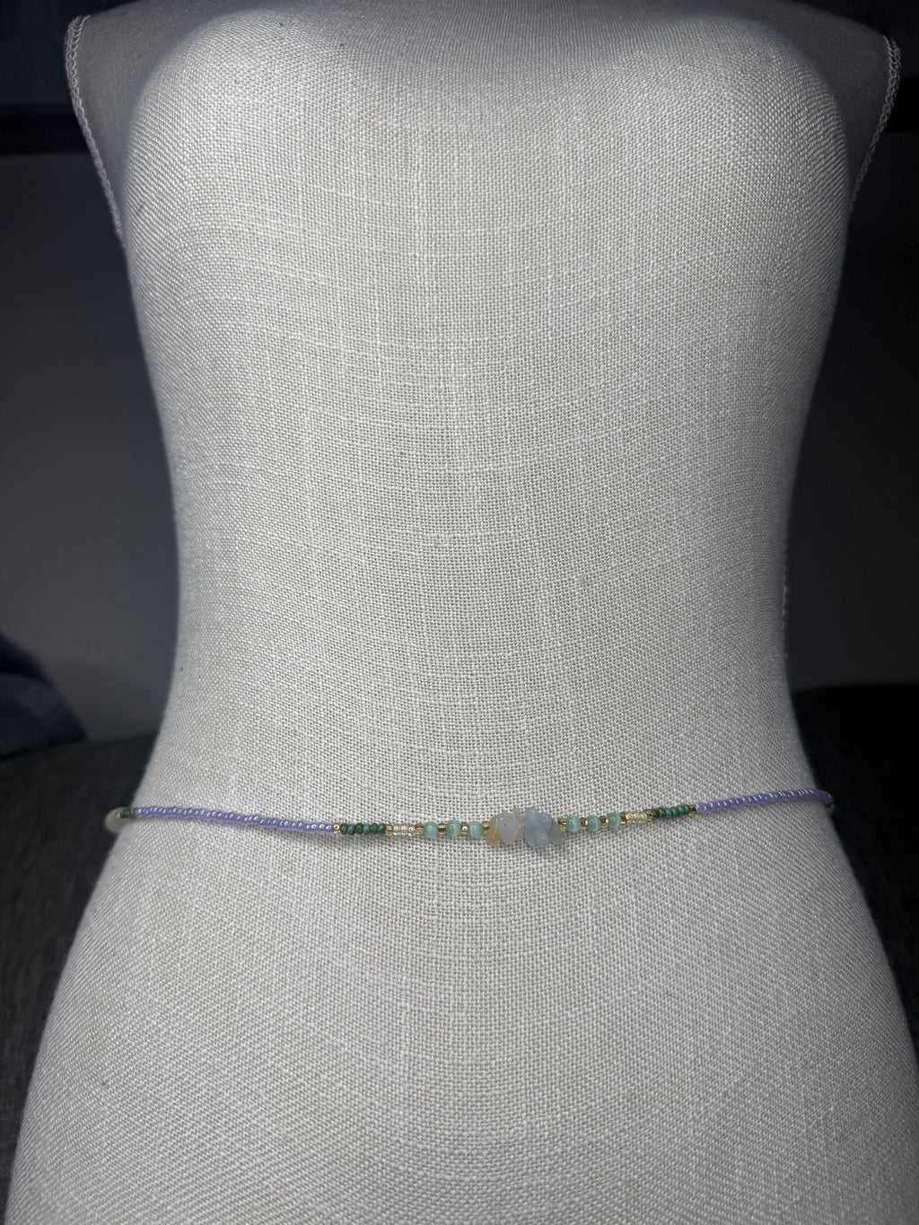 Purple Green Seadbead Waistbeads with Morganite Crystals on Wire