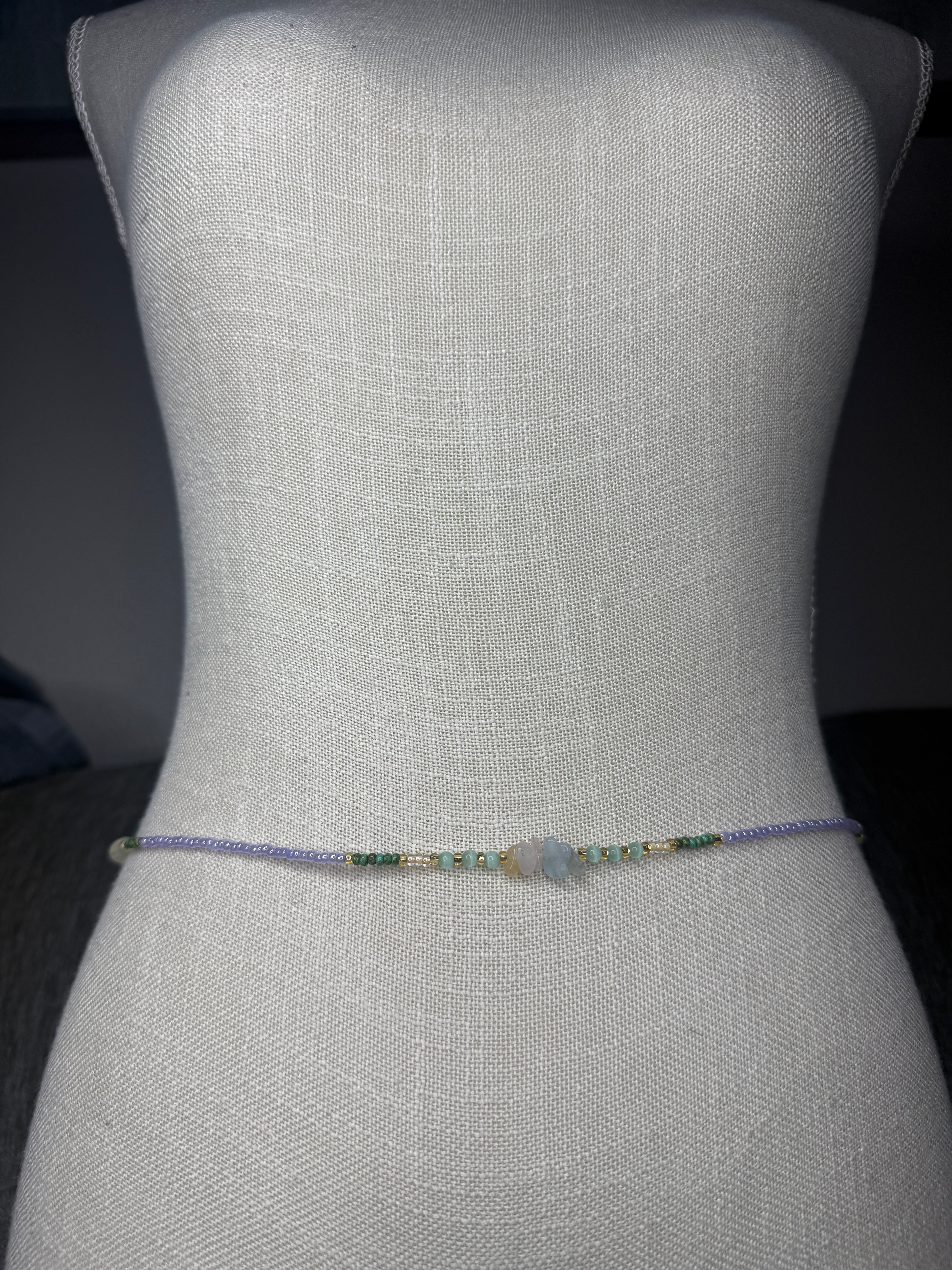 Purple Green Seadbead Waistbeads with Morganite Crystals on Wire