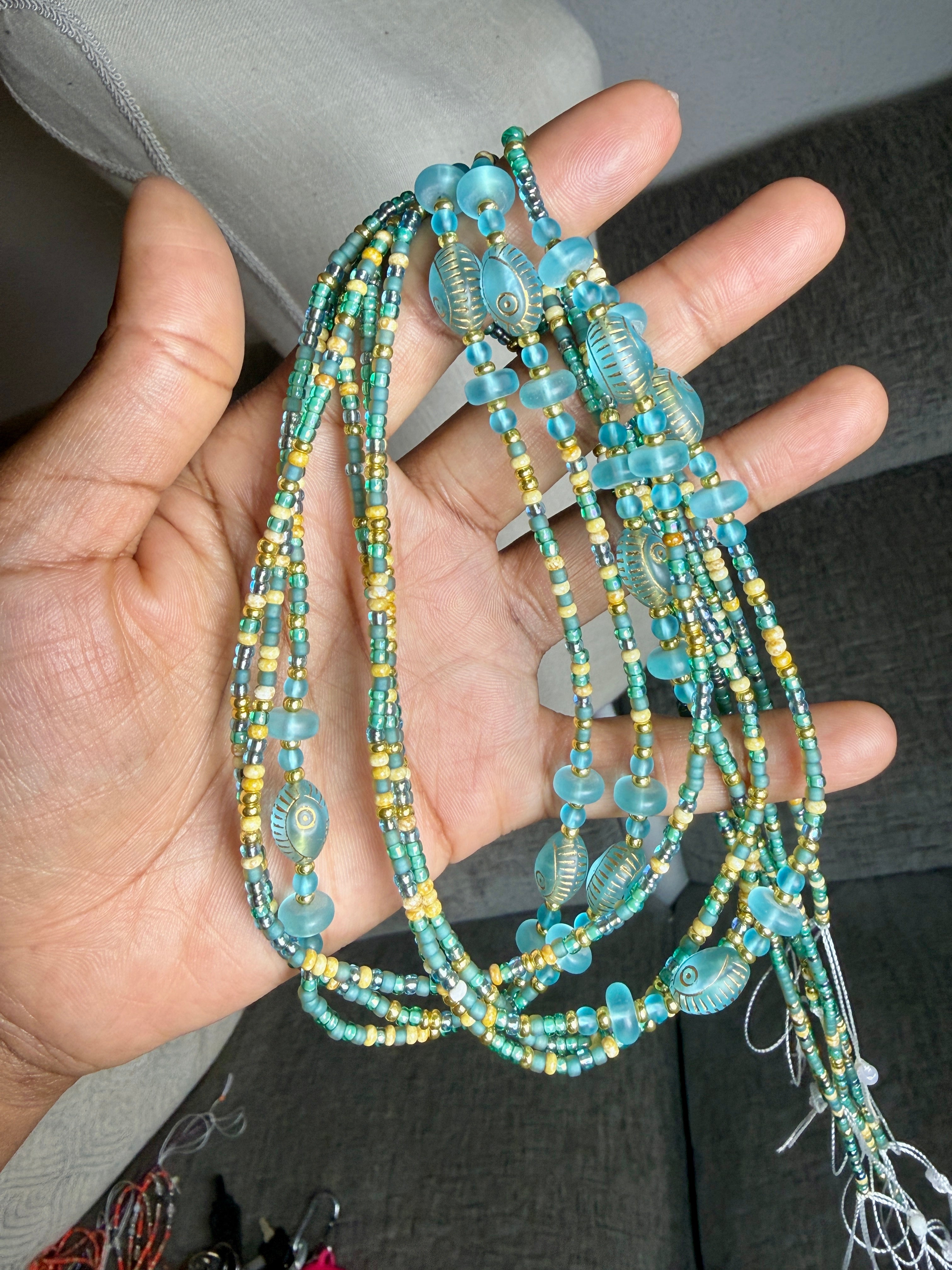 Turquoise Tan Seadbead Waistbeads with Accent Beads