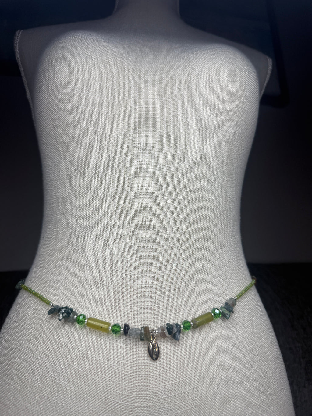 Matte Green Clear Seadbead Waistbeads with Authentic Crystals and Silver Shell Charm