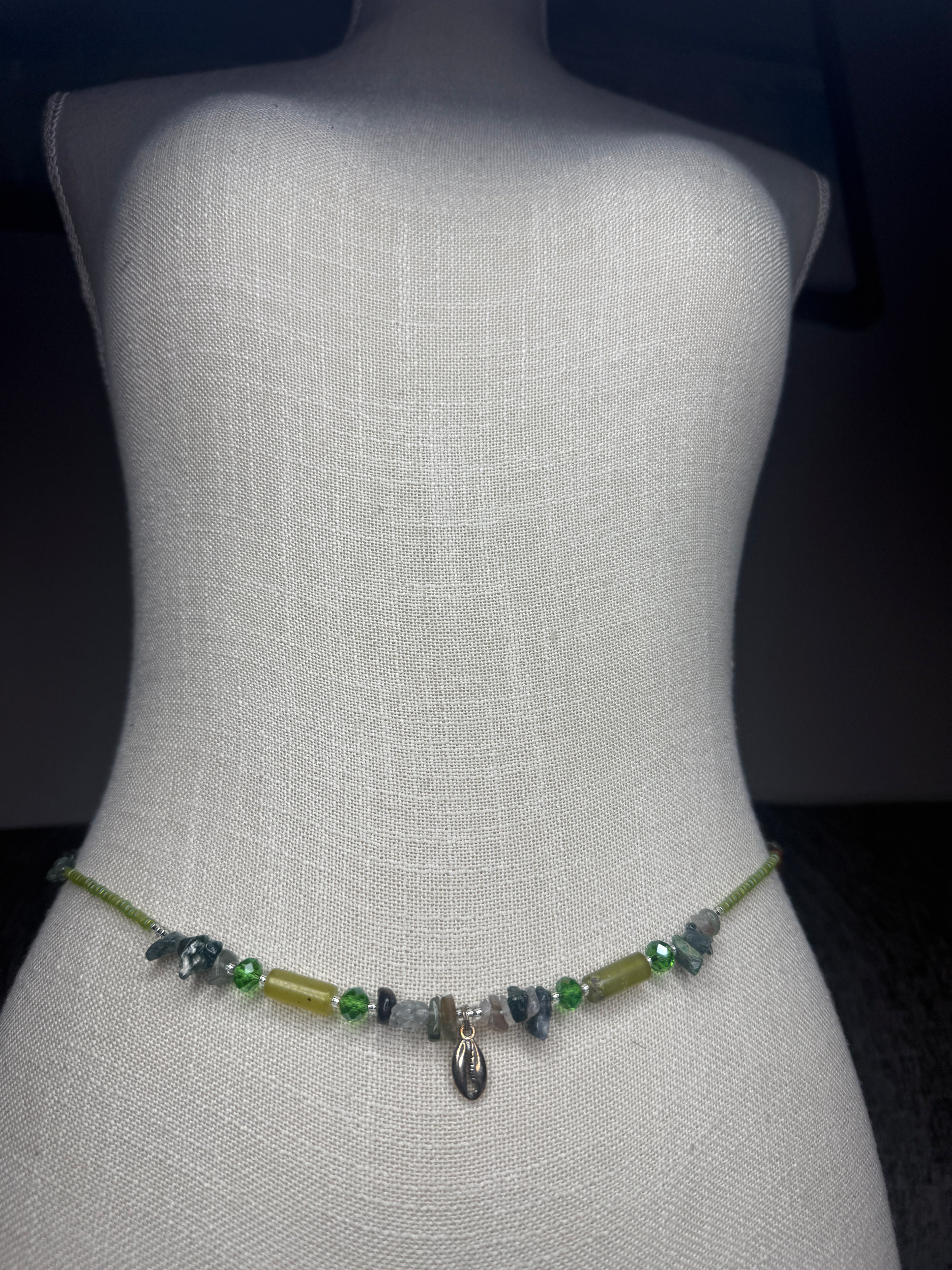 Matte Green Clear Seadbead Waistbeads with Authentic Crystals and Silver Shell Charm