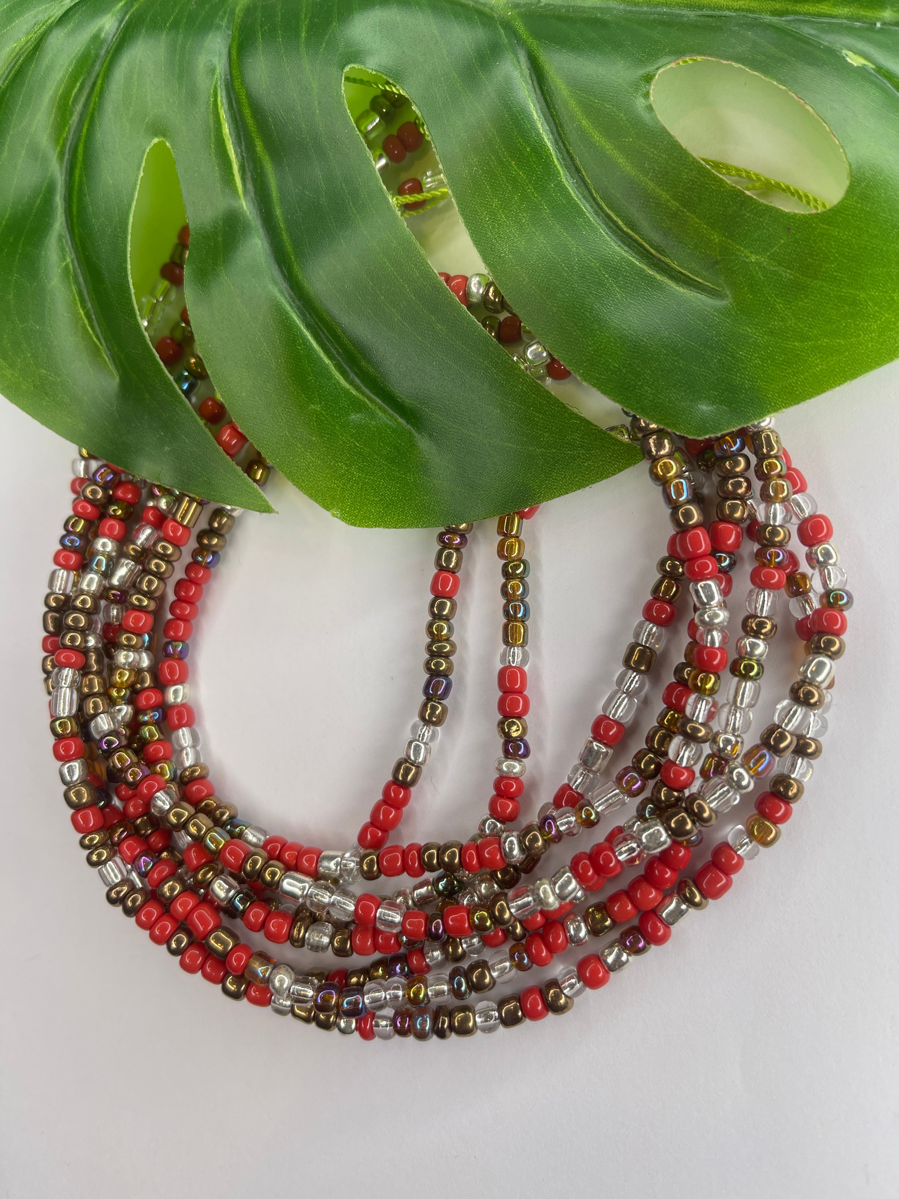 Red Bronze Clear Seadbead Waistbeads (Rich Heart)
