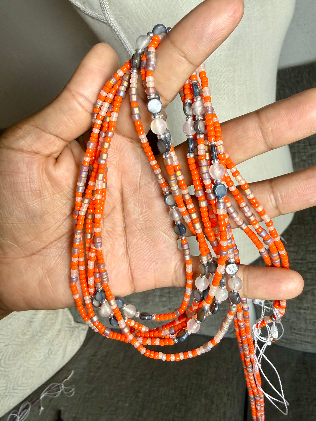 Orange Peach Tan Seadbead Waistbeads with Agate Crystals and Natural Shell Beads