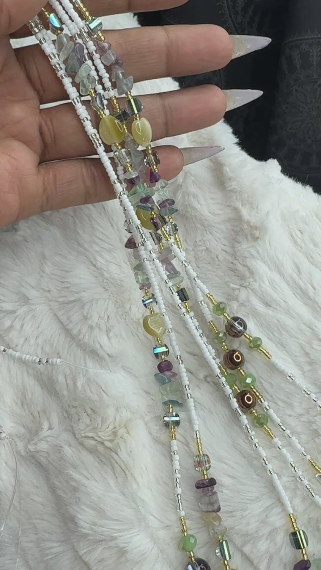 Multicolor Seadbead Waistbeads with Heart Crystals Accent Beads and Fluorite on Wire