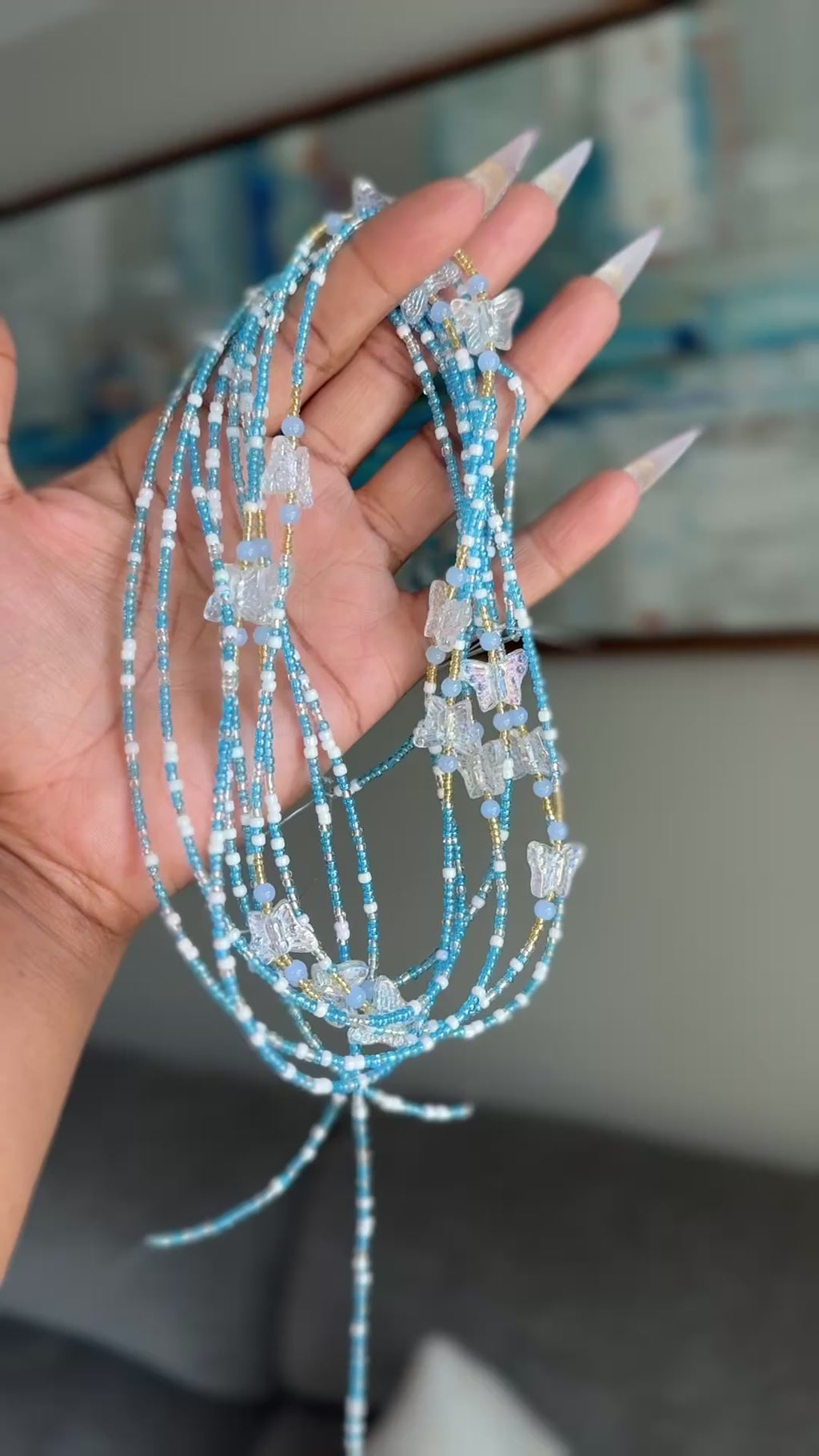 Blue Clear White Seadbead Waistbeads with Butterfly Accent Beads on Wire