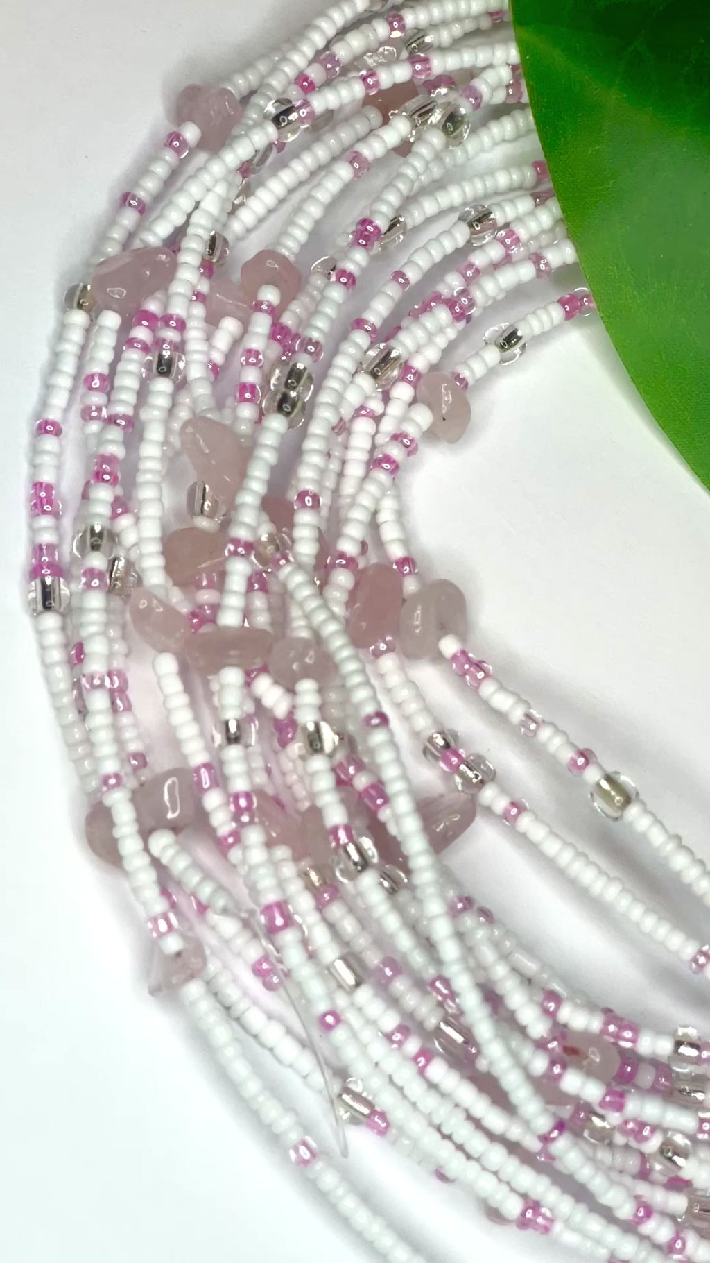 White Pink Clear Seadbead Waistbeads with Rose Quartz for Love on Wire