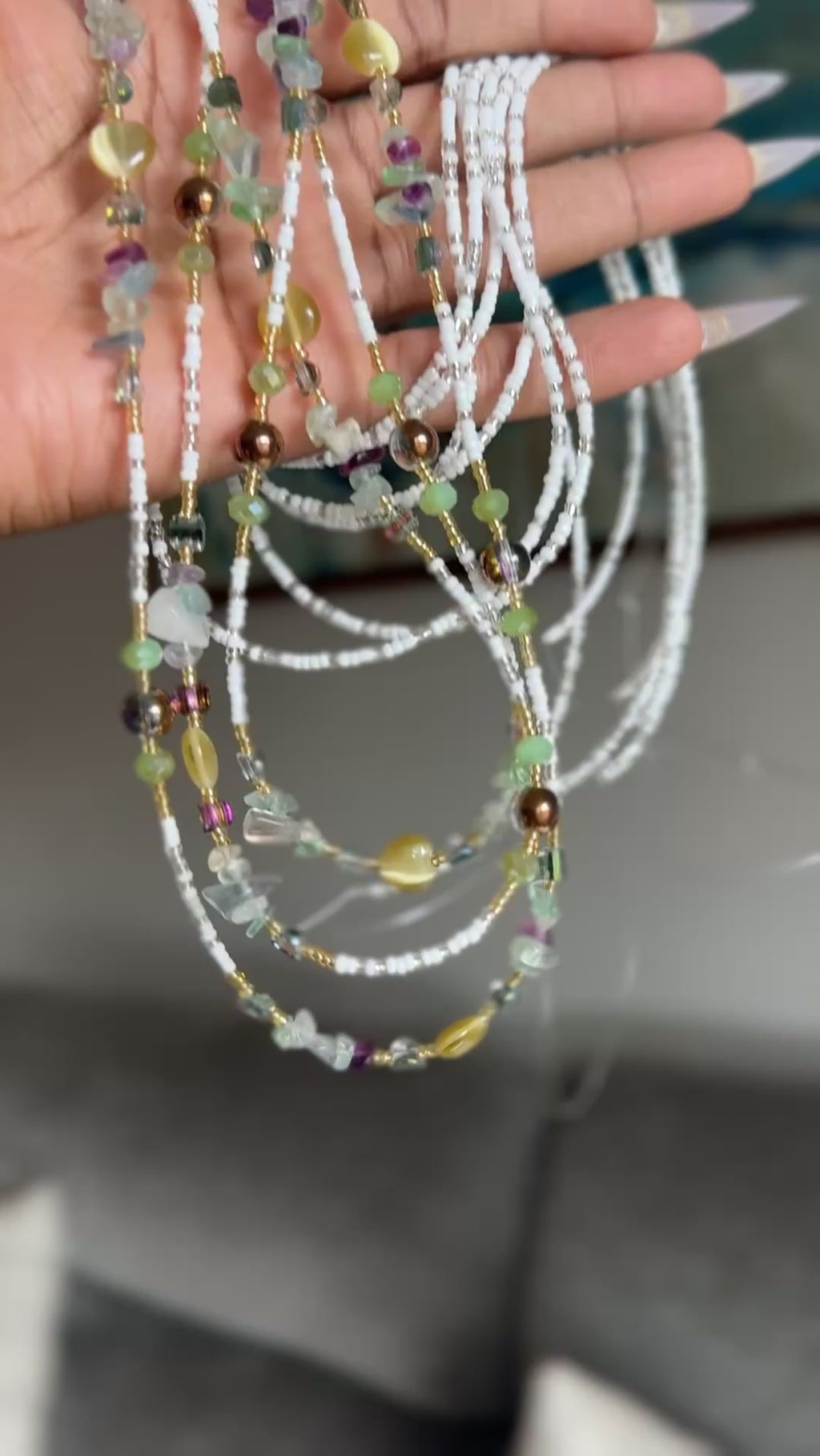 Multicolor Seadbead Waistbeads with Heart Crystals Accent Beads and Fluorite on Wire