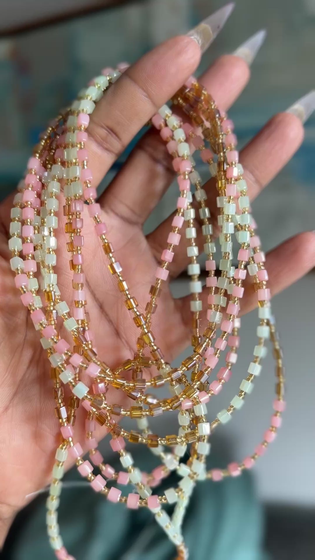 Pink Mint Green Gold Wire Seadbead Waistbeads on Wire