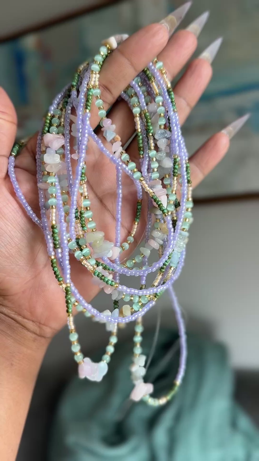 Purple Green Seadbead Waistbeads with Morganite Crystals on Wire